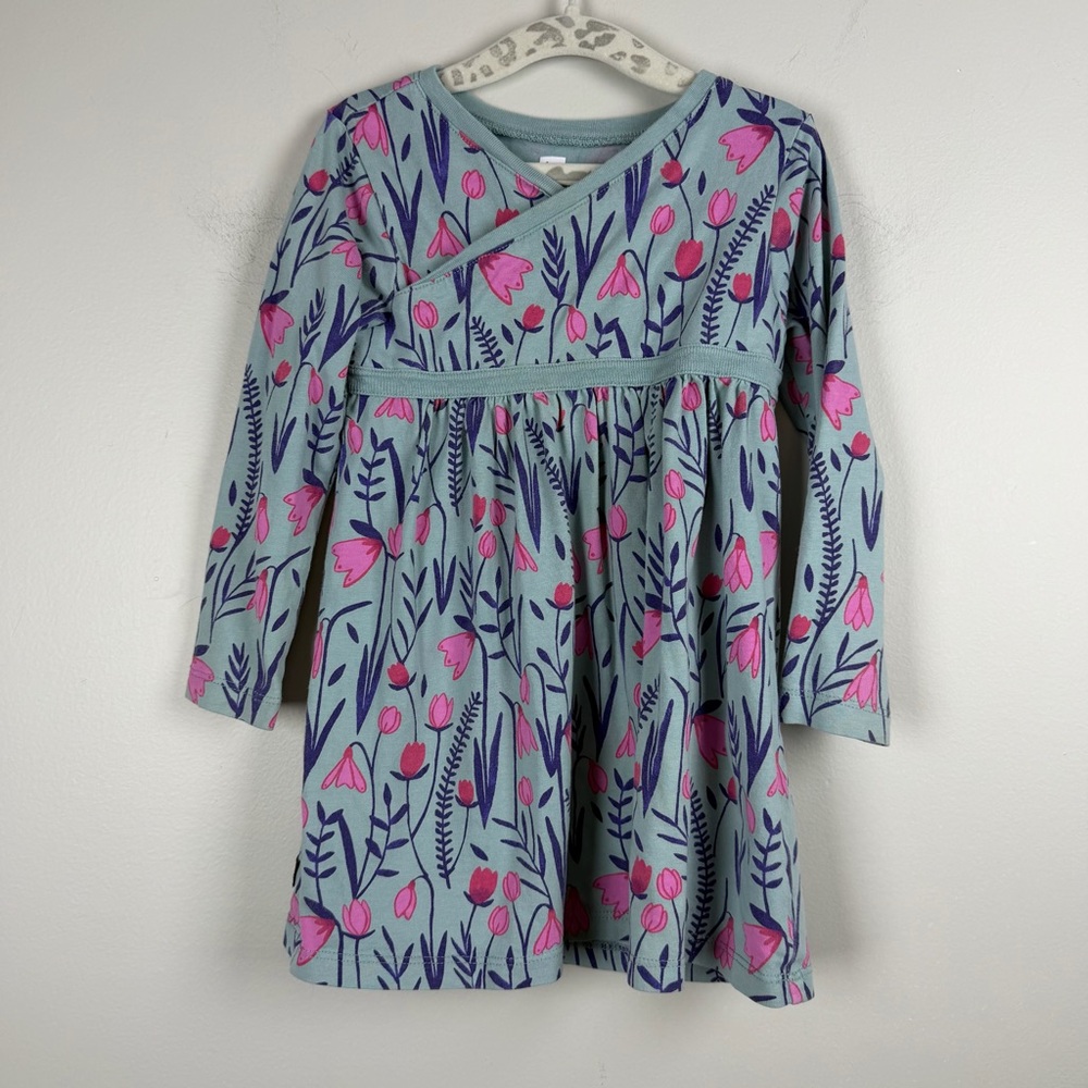 TEA Collection Wrap Neck Baby Dress Blue Pink Floral 100% Cotton Knit 18-24 Mon